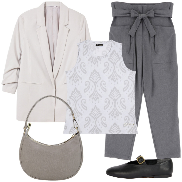 Outfit donna - Sfumature di grigio. Stile Casual per Tutti i giorni. Abbinamento con blazer, pantaloni, canottiere, borse a spalla, ballerine.