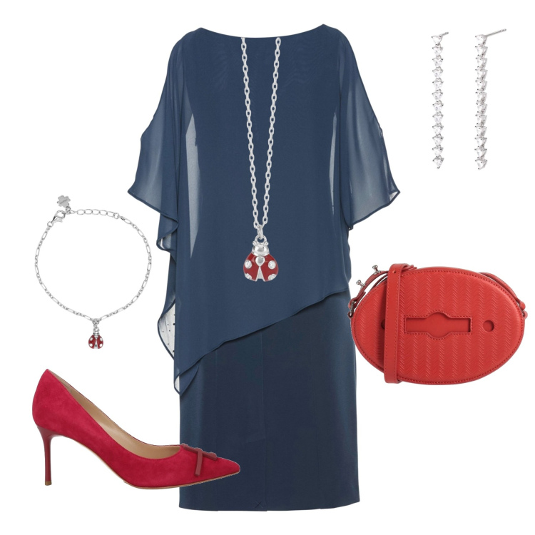 Outfit donna - Rosso inaspettato. Stile Bon Ton per Cerimonia. Abbinamento con vestiti a tubino, décolleté, borse a tracolla, braccialetti con ciondoli, collane, orecchini.