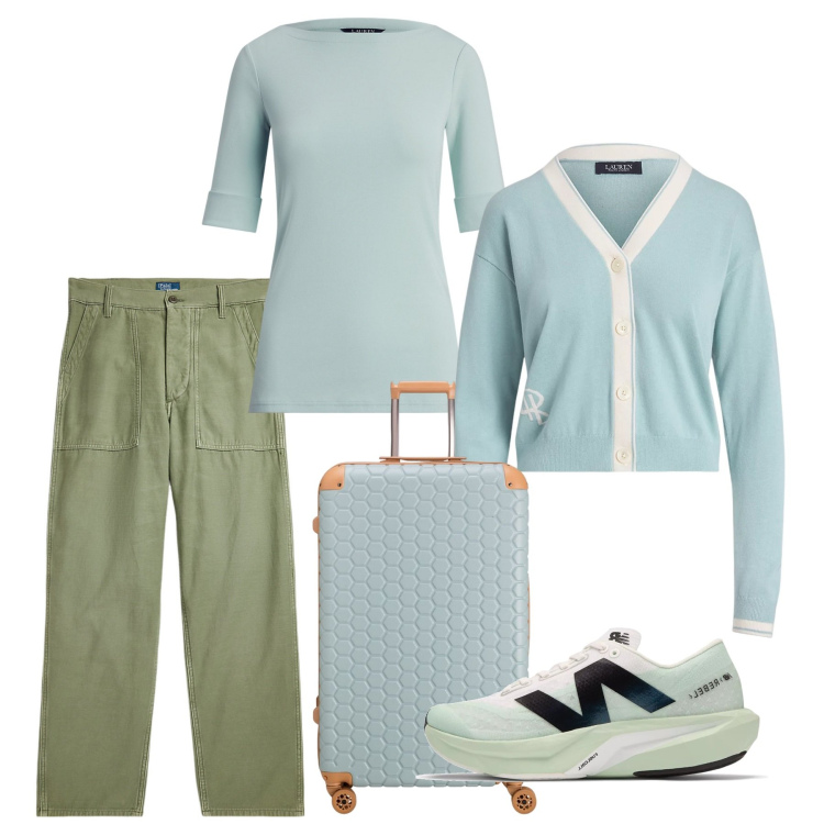 Outfit donna - Toni pastello in primavera - @marystyle. Stile Casual per Tutti i giorni. Abbinamento con sneakers, pantaloni, t-shirt, cardigans, valigie.