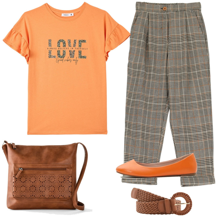 Outfit donna - Total look #2082428. Stile Casual per Scuola/Università. Abbinamento con borse a tracolla, ballerine, t-shirt, pantaloni, cinture.