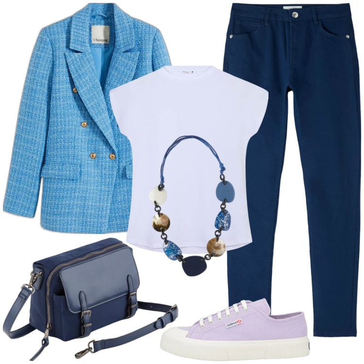 Outfit donna - Total look #2082432. Stile Casual per Tutti i giorni. Abbinamento con blazer, sneakers, pantaloni, t-shirt, borse a tracolla, collane.