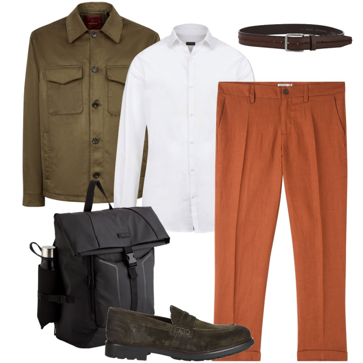 Outfit uomo - Il pantalone color ruggine. Stile Business/Elegante per Ufficio. Abbinamento con scarpe stringate, pantaloni chino, cinture, giacche, camicie, borse sportive.