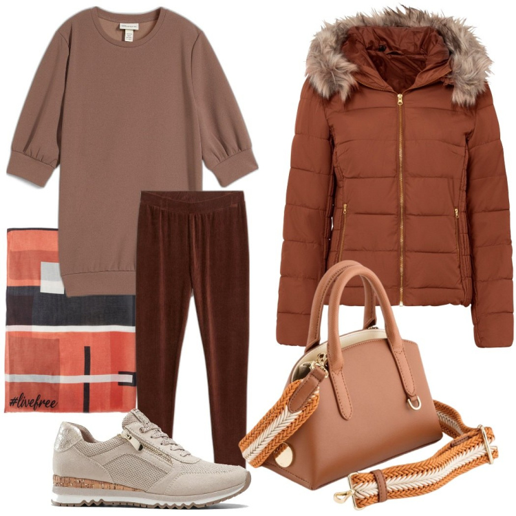 Outfit donna - In ufficio. Stile Sporty chic per Tutti i giorni. Abbinamento con giacche, sneakers, felpe, leggings, sciarpe, borse a mano.