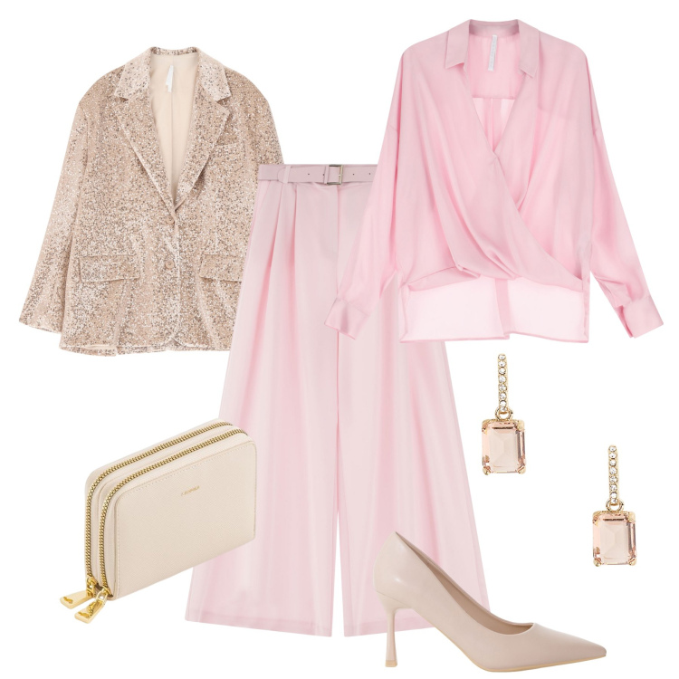Outfit donna - Serata Imperial. Stile Chic per Ufficio. Abbinamento con bluse, pantaloni a palazzo, décolleté, blazer, orecchini, portafogli.