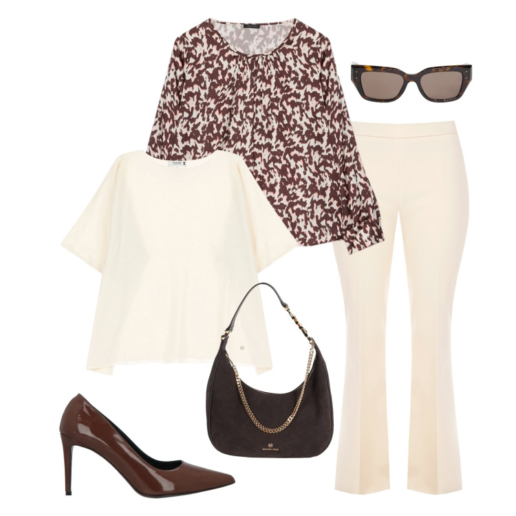 Outfit donna - Blusa stampa animalier!. Stile Trendy per Ufficio. Abbinamento con borse a spalla, occhiali da sole, décolleté, pantaloni a palazzo, maglieria, bluse.