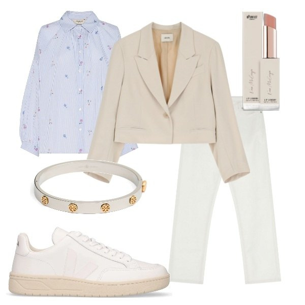 Outfit donna - Aspettando la primavera. Stile Casual chic per Tutti i giorni. Abbinamento con rossetti, blazer, pantaloni, sneakers, camicie, braccialetti.