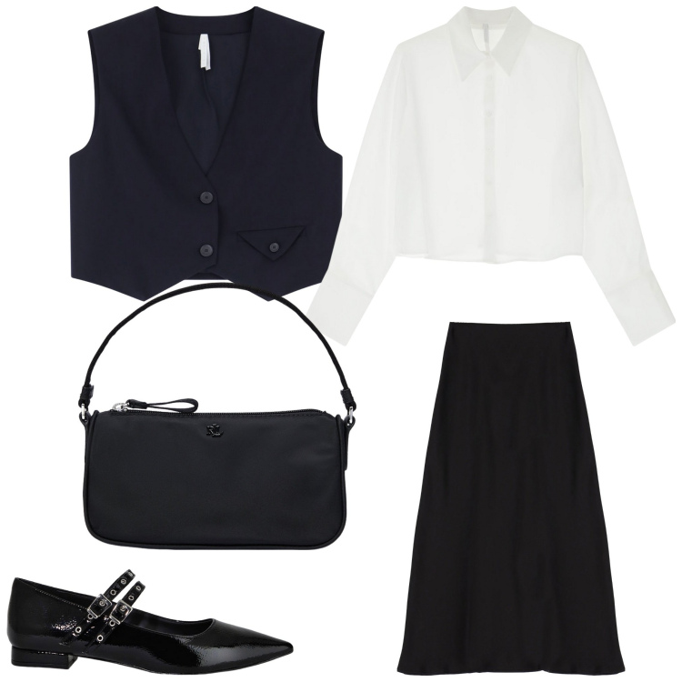 Outfit donna - Il gilet. Stile Casual chic per Ufficio. Abbinamento con gonne longuette, gilet, camicie, ballerine, pochette.