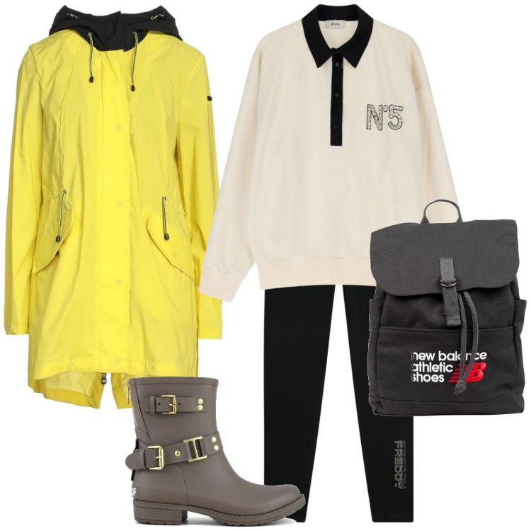 Outfit donna - Giorno di pioggia. Stile Casual per Scuola/Università. Abbinamento con trench, zaini, leggings, felpe, stivali.