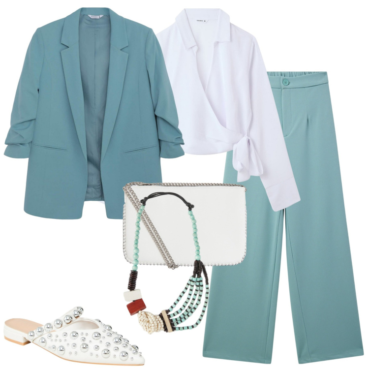 Outfit donna - City. Stile Casual chic per Tutti i giorni. Abbinamento con camicie, blazer, pantaloni, ballerine, borse a tracolla, collane.