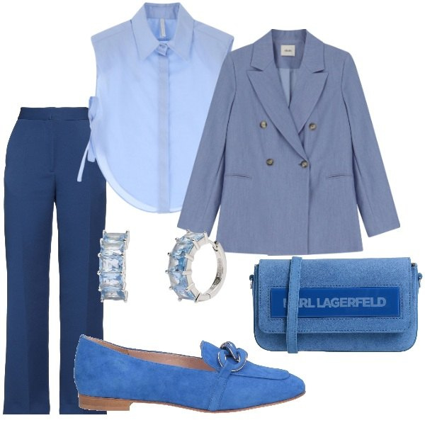 Outfit donna - Domenica mattina. Stile Casual chic per Tutti i giorni. Abbinamento con pantaloni, borse a tracolla, mocassini, orecchini, camicie, blazer.