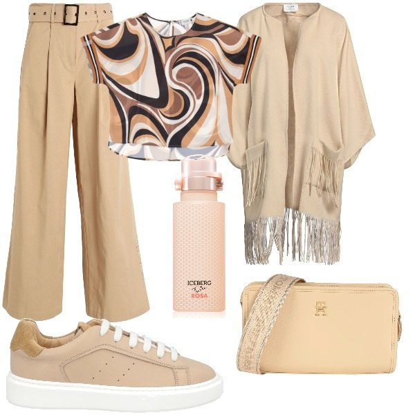 Outfit donna - Domenica mattina. Stile Trendy per Tutti i giorni. Abbinamento con sneakers, pantaloni, borse a tracolla, cardigans, profumi, bluse.