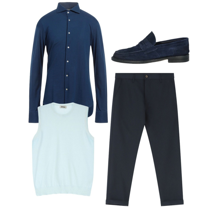 Outfit uomo - Blue city. Stile Casual per Tutti i giorni. Abbinamento con camicie, scarpe stringate, pantaloni chino, maglieria.