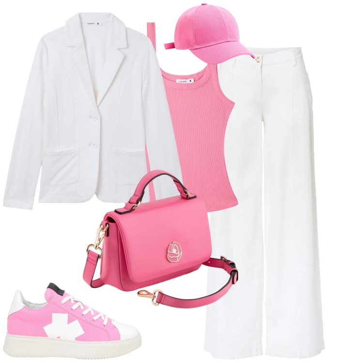Outfit donna - City. Stile Casual chic per Tutti i giorni. Abbinamento con pantaloni a palazzo, sneakers, canottiere, cappelli, blazer, borse a cartella.