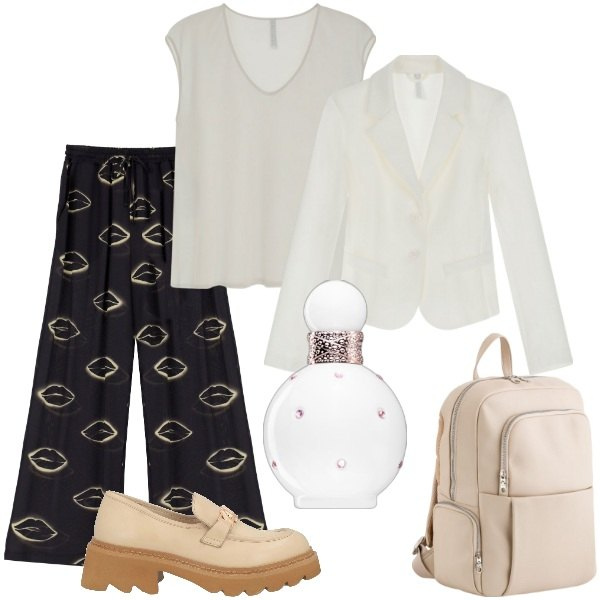 Outfit donna - Aspettando la primavera. Stile Trendy per Tutti i giorni. Abbinamento con mocassini, profumi, blazer, top, pantaloni, zaini.