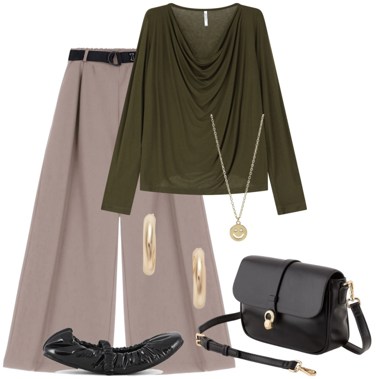 Outfit donna - Total look #2082507. per Ufficio. Abbinamento con collane, pantaloni, pullovers, orecchini, ballerine, borse a tracolla.