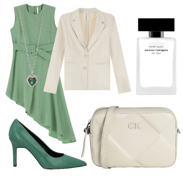 Outfit donna - Cerimonia tra intimi. Stile Glamour per Cerimonia. Abbinamento con décolleté, borse a tracolla, profumi, ciondoli, vestiti corti, blazer.