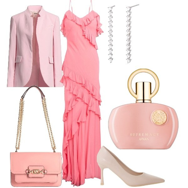 Outfit donna - Matrimonio in vista. Stile Glamour per Cerimonia. Abbinamento con vestiti lunghi, blazer, borse a spalla, profumi, orecchini, décolleté.