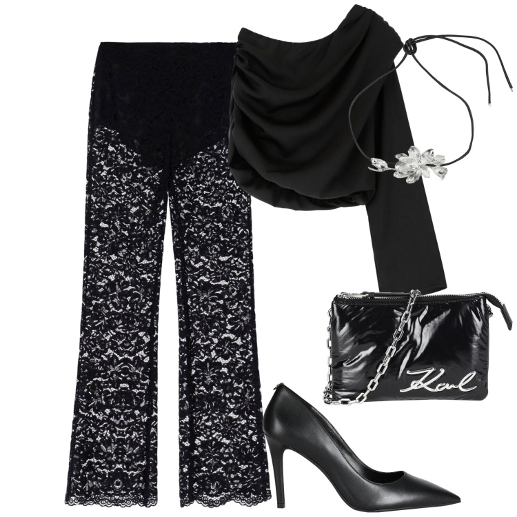 Outfit donna - Trasparenze. Stile Sexy per Serata fuori. Abbinamento con borse a mano, décolleté, bluse, pantaloni, collane.