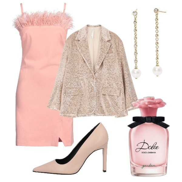 Outfit donna - Cerimonia tra intimi. Stile Glamour per Cerimonia. Abbinamento con vestiti corti, décolleté, profumi, orecchini, blazer.