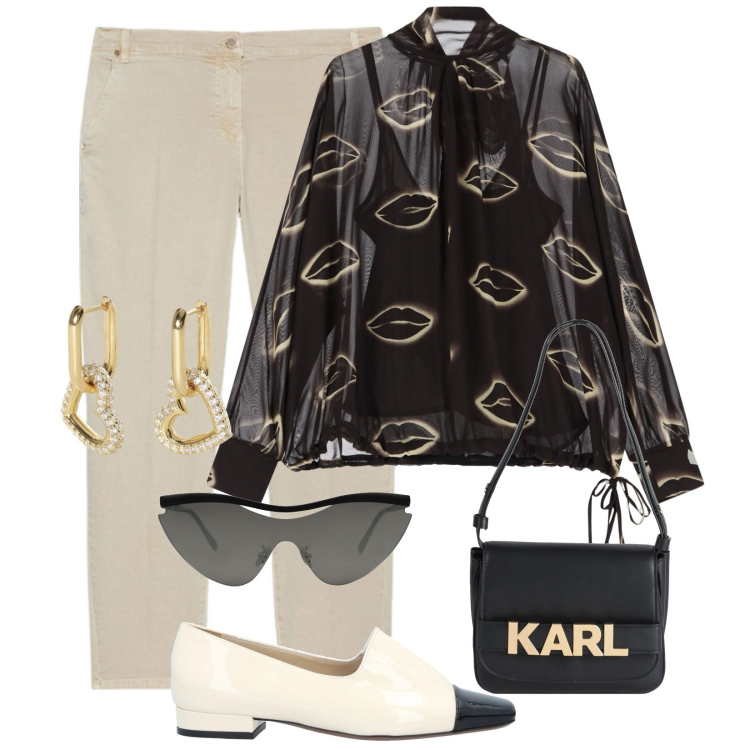 Outfit donna - Total look #2082555. per Ufficio. Abbinamento con mocassini, occhiali da sole, borse a mano, orecchini, camicie, pantaloni chino.