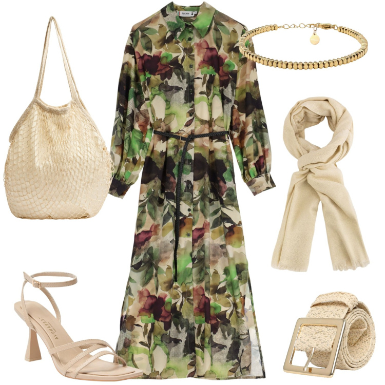 Outfit donna - Primavera Boho style. Stile Boho per Tutti i giorni. Abbinamento con cinture, borse a tracolla, sandali col tacco, vestiti lunghi, braccialetti, portafogli.