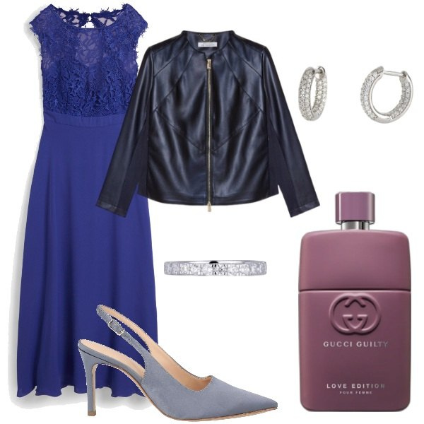 Outfit donna - Serata fuori. Stile Glamour per Serata fuori. Abbinamento con vestiti lunghi, décolleté, profumi, orecchini, anelli, blazer.