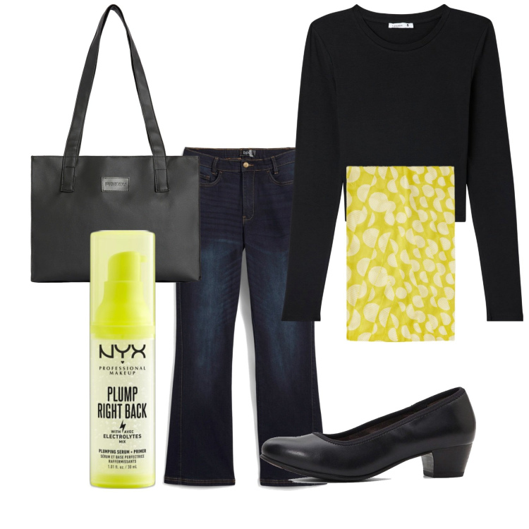 Outfit donna - Plump right back. Stile Basic per Tutti i giorni. Abbinamento con jeans bootcut, décolleté, primer, t-shirt, shopping bag, stole.