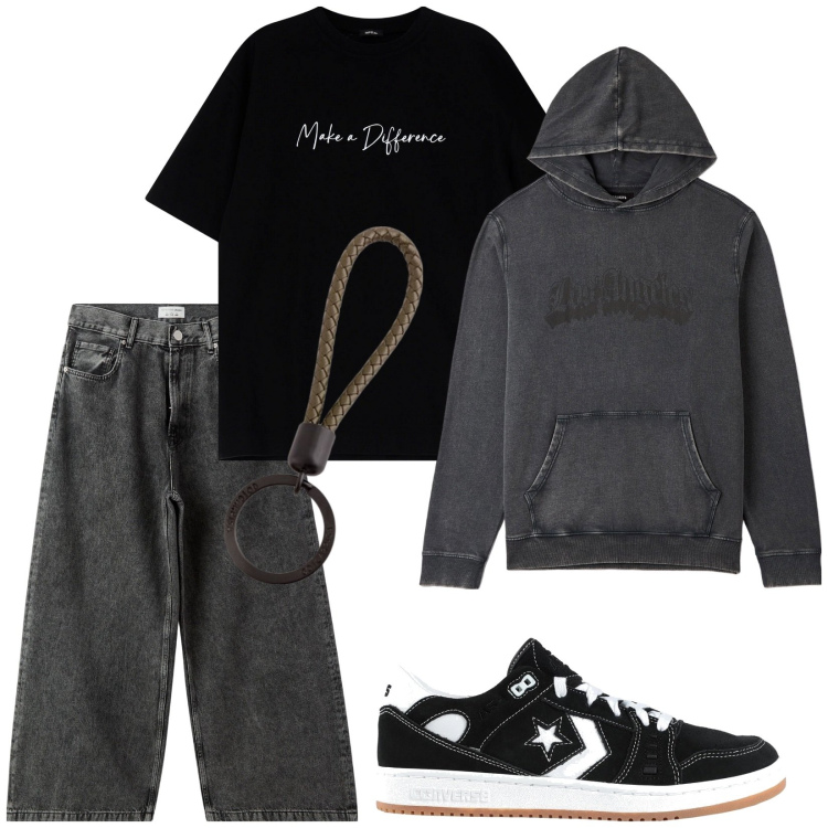 Outfit uomo - Total look #2082563. Stile Urban per Tutti i giorni. Abbinamento con sneakers, jeans, felpe con cappuccio, t-shirt, portachiavi.