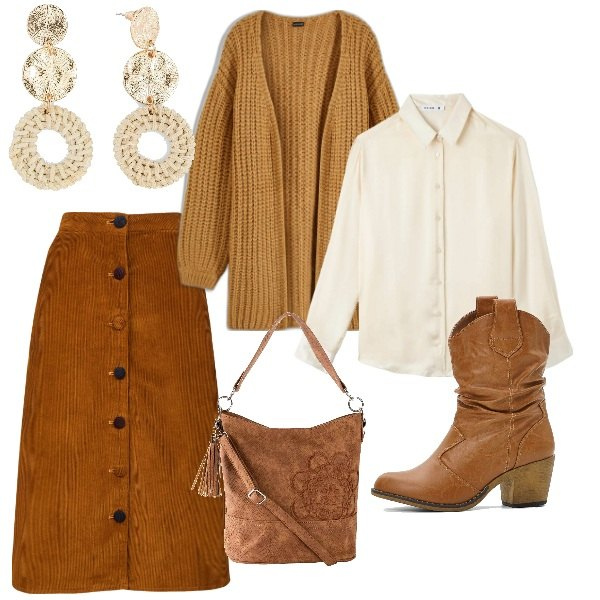 Outfit donna - A spasso per la città. Stile Trendy per Tutti i giorni. Abbinamento con stivaletti texani, borse a mano, orecchini, cardigans, camicie, gonne longuette.