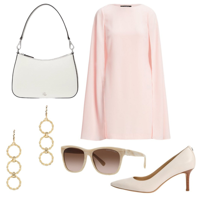 Outfit donna - Festa in rosa. Stile Chic per Serata fuori. Abbinamento con occhiali da sole, vestiti, décolleté, orecchini, borse a spalla.