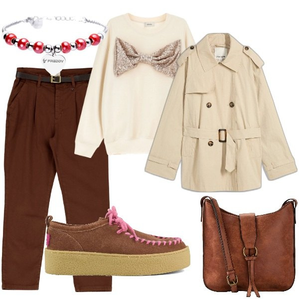 Outfit donna - A spasso per la città. Stile Trendy per Tutti i giorni. Abbinamento con borse a tracolla, trench, felpe, pantaloni chino, braccialetti, mocassini.