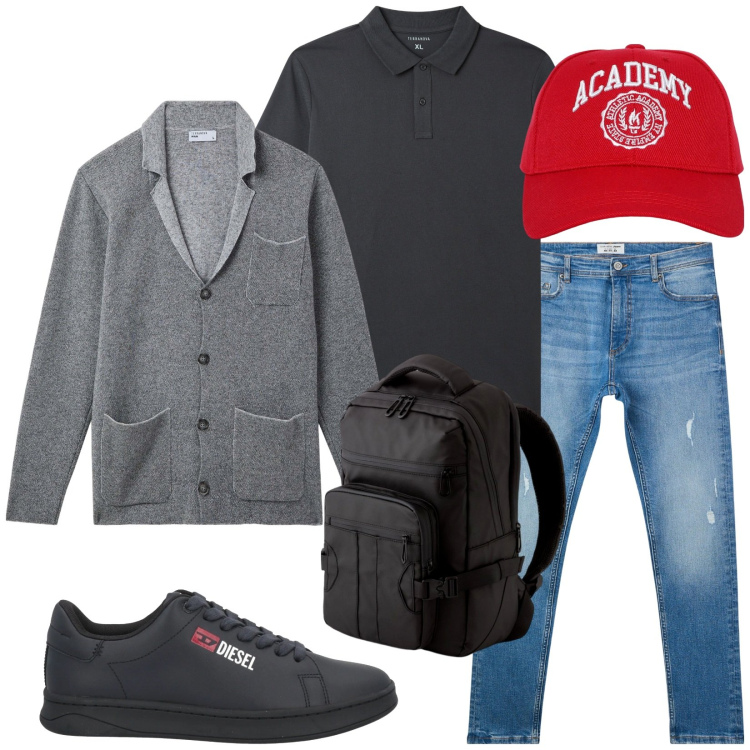 Outfit uomo - Total look #2082580. Stile Casual per Tutti i giorni. Abbinamento con sneakers, cappelli, giacche, polo, jeans strappati, borse sportive.