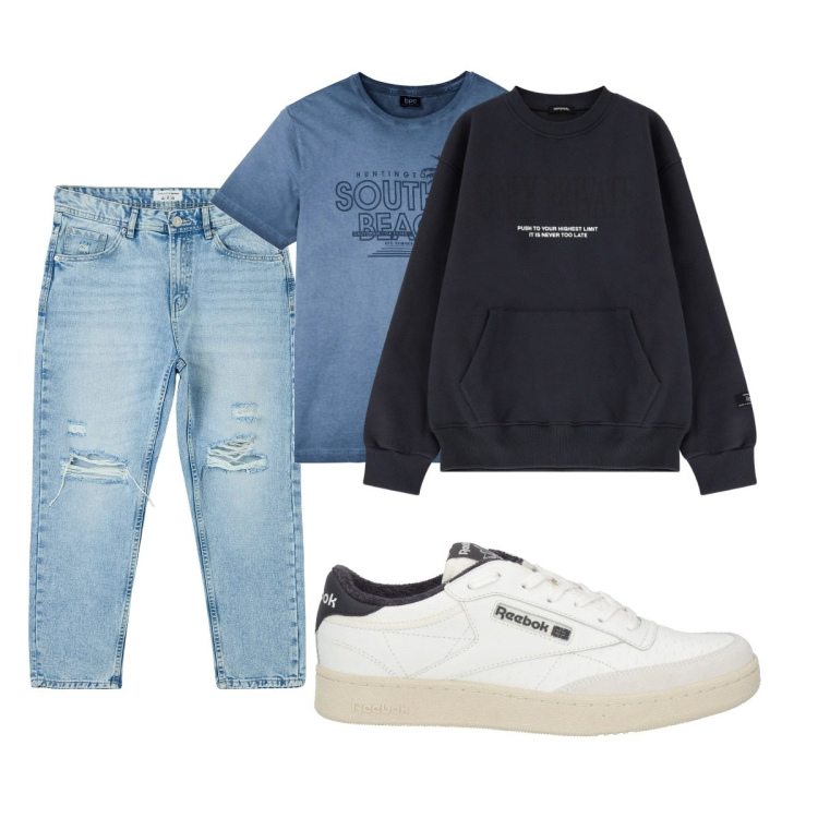 Outfit uomo - Total look #2082584. Stile Casual per Tutti i giorni. Abbinamento con t-shirt, sneakers, jeans strappati, felpe.