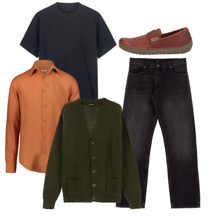Outfit uomo - Comodamente. Stile Casual per Tutti i giorni. Abbinamento con scarpe stringate, cardigans, jeans dritti, t-shirt, camicie.