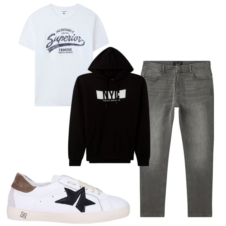 Outfit uomo - Total look #2082594. Stile Casual per Tutti i giorni. Abbinamento con felpe con cappuccio, jeans skinny, t-shirt, sneakers.
