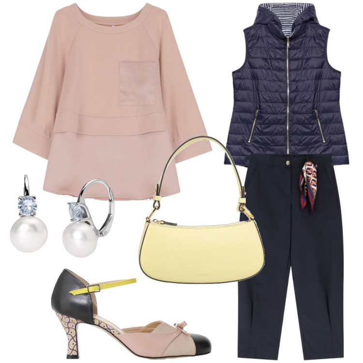 Outfit donna - Pranzo bon ton. Stile Chic per Tutti i giorni. Abbinamento con borse a mano, orecchini, felpe, pantaloni chino, décolleté, piumini.