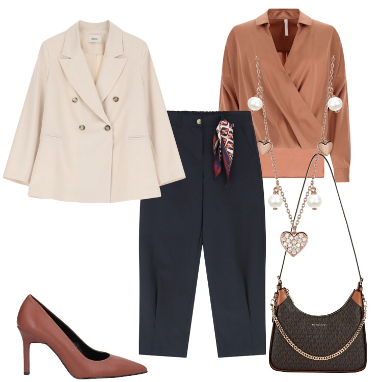 Outfit donna - Piacevole serata. Stile Chic per Serata fuori. Abbinamento con borse a tracolla, décolleté, collane, bluse, pantaloni chino, blazer.