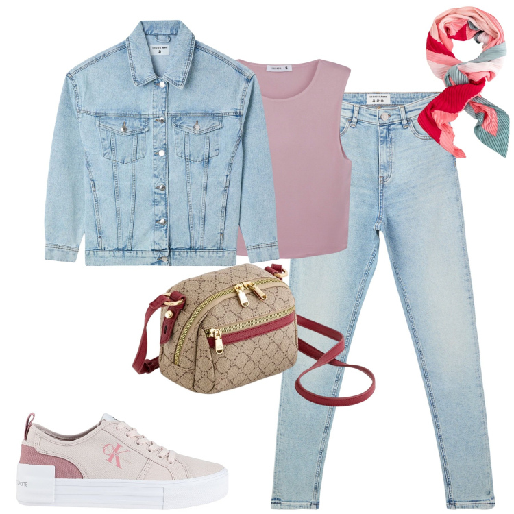 Outfit donna - City. Stile Casual per Tutti i giorni. Abbinamento con sneakers, jeans skinny, top, cappotti, borse a tracolla, foulard.