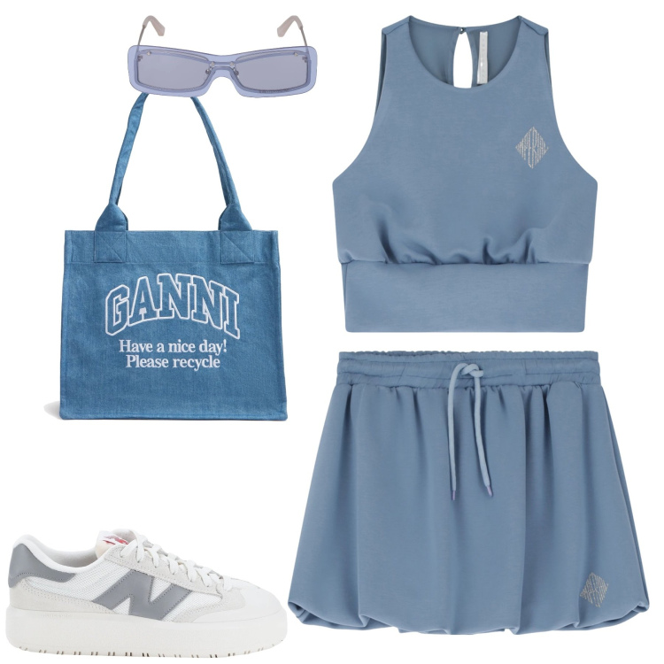Outfit donna - Weekend. Stile Casual per Tutti i giorni. Abbinamento con sneakers, minigonne, top, shopping bag, occhiali da sole.