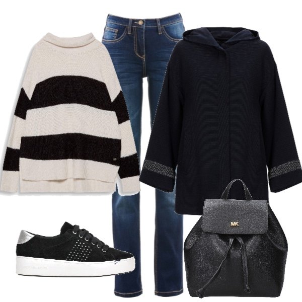 Outfit donna - Basic #19396. Stile Basic per Tutti i giorni. Abbinamento con jeans dritti, soprabito tweed collo tondo a maniche lunghe interno foderato tinta unita, zaini, felpa bianco, sneakers mini con zeppe effetto scamosciato con lacci e punta tonda.