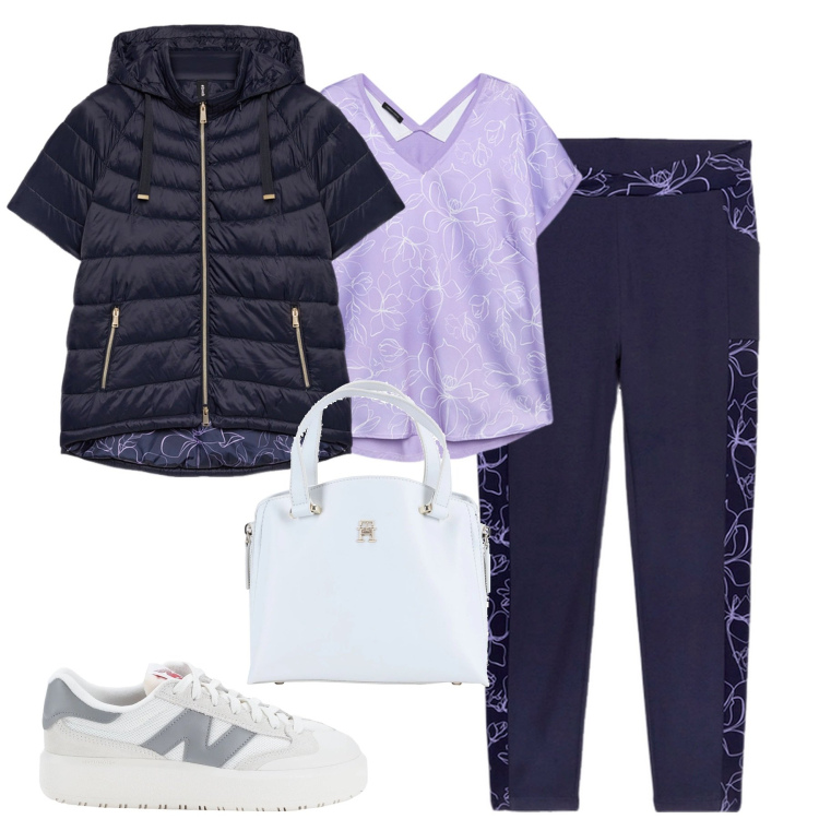 Outfit donna - City. Stile Casual per Tutti i giorni. Abbinamento con sneakers, borse a mano, leggings, t-shirt, piumini.