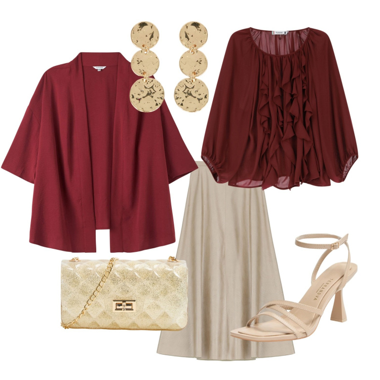 Outfit donna - Primavera in rosso. Stile Casual chic per Cerimonia. Abbinamento con sandali col tacco, kimono, borse a tracolla, bluse, gonne, orecchini.