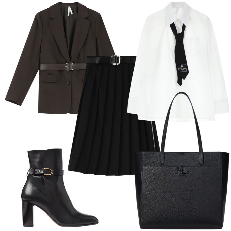 Outfit donna - Al lavoro in bianco e nero. Stile Urban per Ufficio. Abbinamento con camicie, gonne longuette, blazer, borse tote, stivaletti.