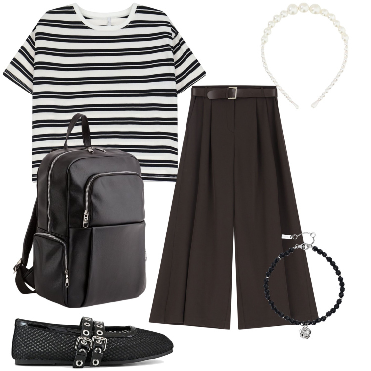 Outfit donna - Ufficio sporty chic. Stile Sporty chic per Ufficio. Abbinamento con braccialetti, pantaloni a palazzo, t-shirt, cerchietti, ballerine, zaini.