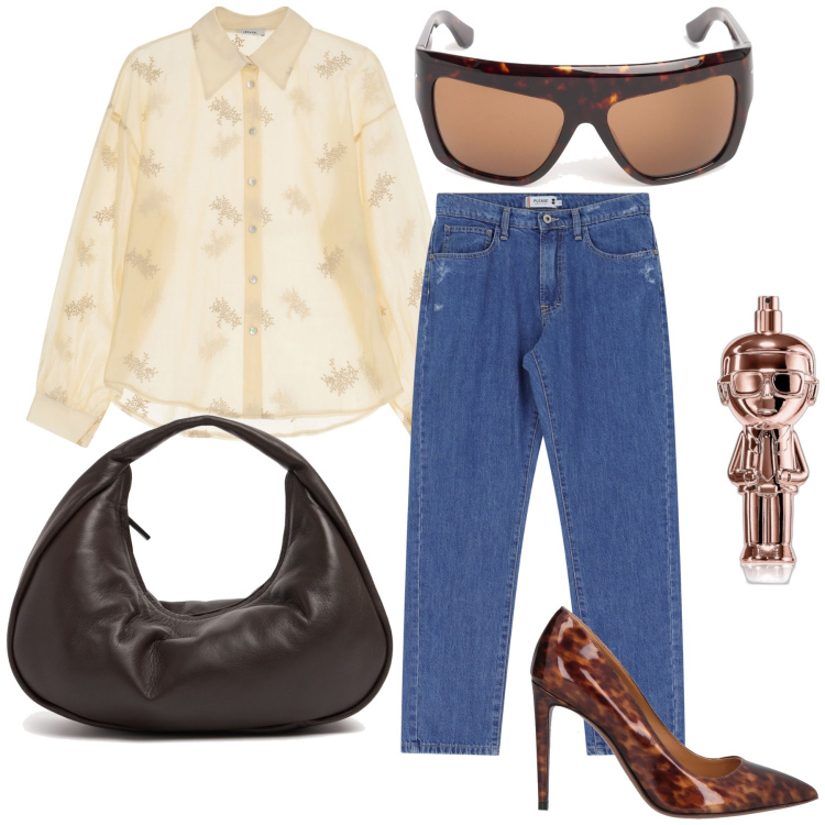Outfit donna - Pausa pranzo con appuntamento. Stile Glamour per Tutti i giorni. Abbinamento con décolleté, profumi, jeans dritti, camicie, borse a mano, occhiali da sole.