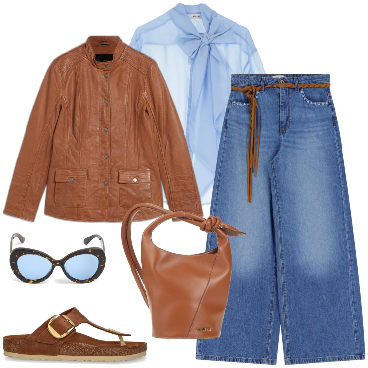 Outfit donna - Boho in jeans. Stile Boho per Tutti i giorni. Abbinamento con blazer, borse a secchiello, jeans, camicie, sandali in pelle, occhiali da sole.