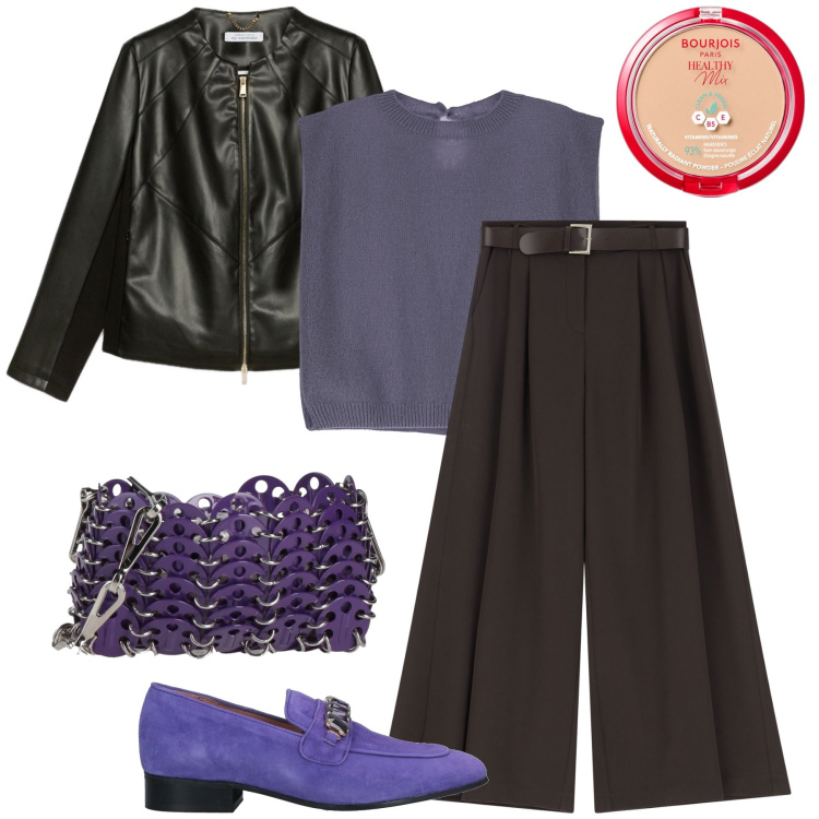 Outfit donna - I mocassini viola. Stile Bon Ton per Serata fuori. Abbinamento con mocassini, borse a tracolla, ciprie, pantaloni a palazzo, maglieria, blazer.