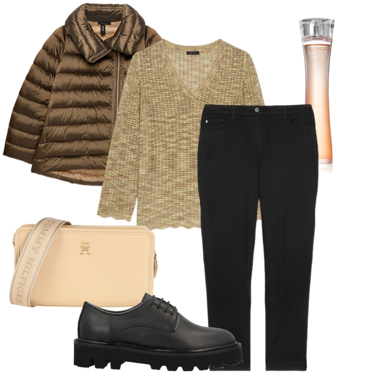 Outfit donna - Se fa ancora freddo. Stile Casual chic per Ufficio. Abbinamento con borse a tracolla, scarpe stringate, profumi, maglieria, piumini, jeans skinny.