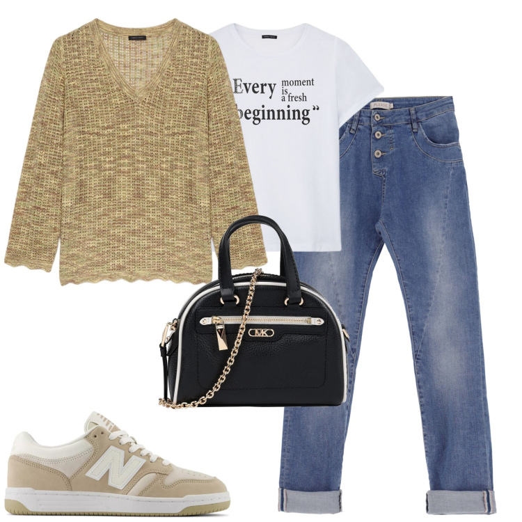 Outfit donna - City. Stile Casual chic per Tutti i giorni. Abbinamento con borse a mano, sneakers, jeans slim fit, maglieria, t-shirt.