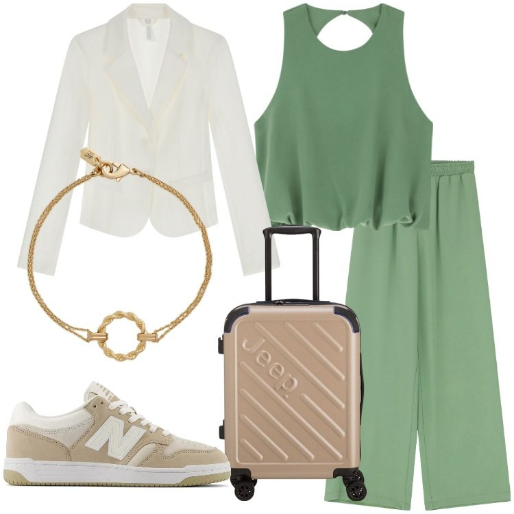 Outfit donna - IMPERIAL - Take Off. Stile Basic per Ufficio. Abbinamento con sneakers, pantaloni a palazzo, top, blazer, braccialetti, valigie.
